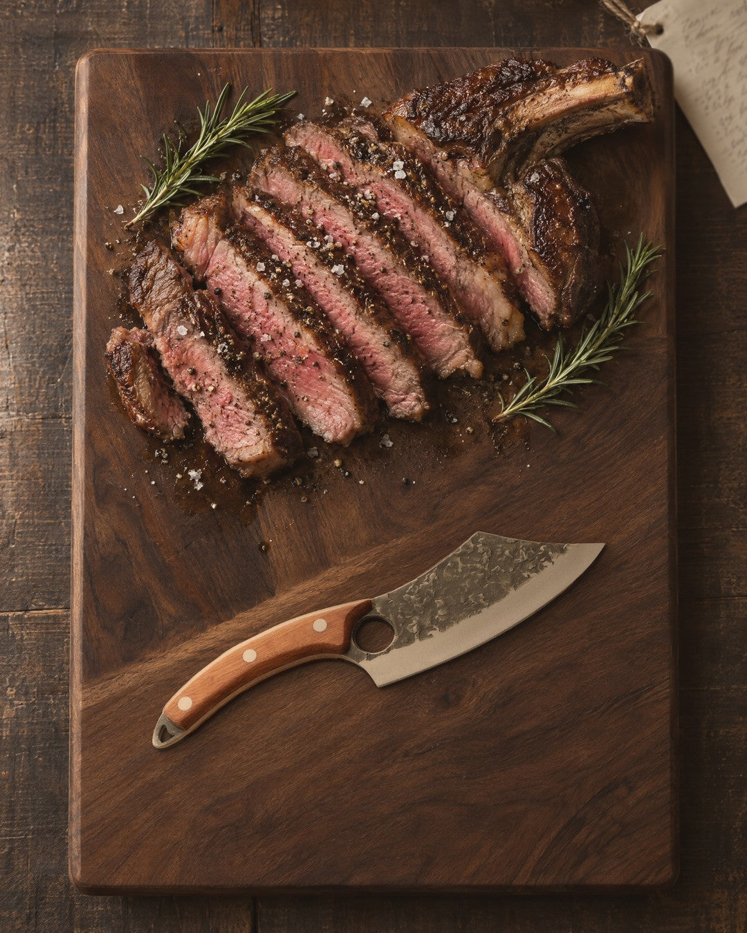 Vue de dessus : côte de bœuf tranchée sur une planche en bois, romarin et fleur de sel, Braise posé à côté