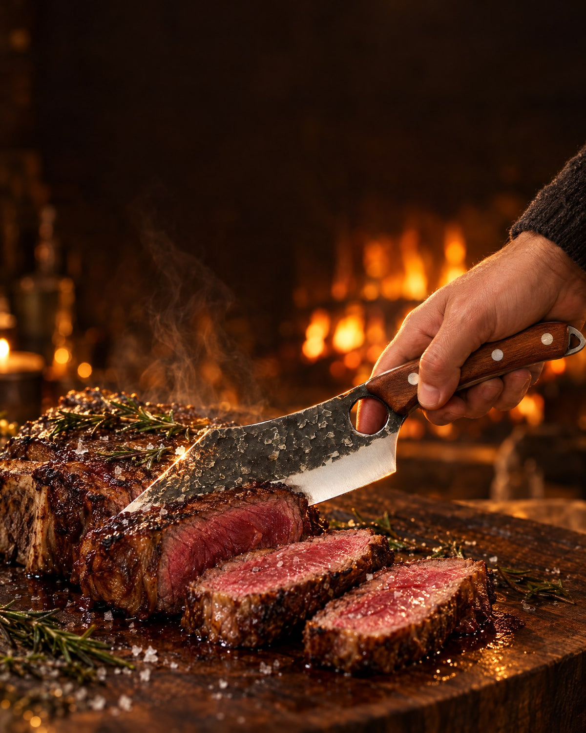 Une main tranche une côte de bœuf avec Braise sur une planche en bois, feu de cheminée en arrière-plan