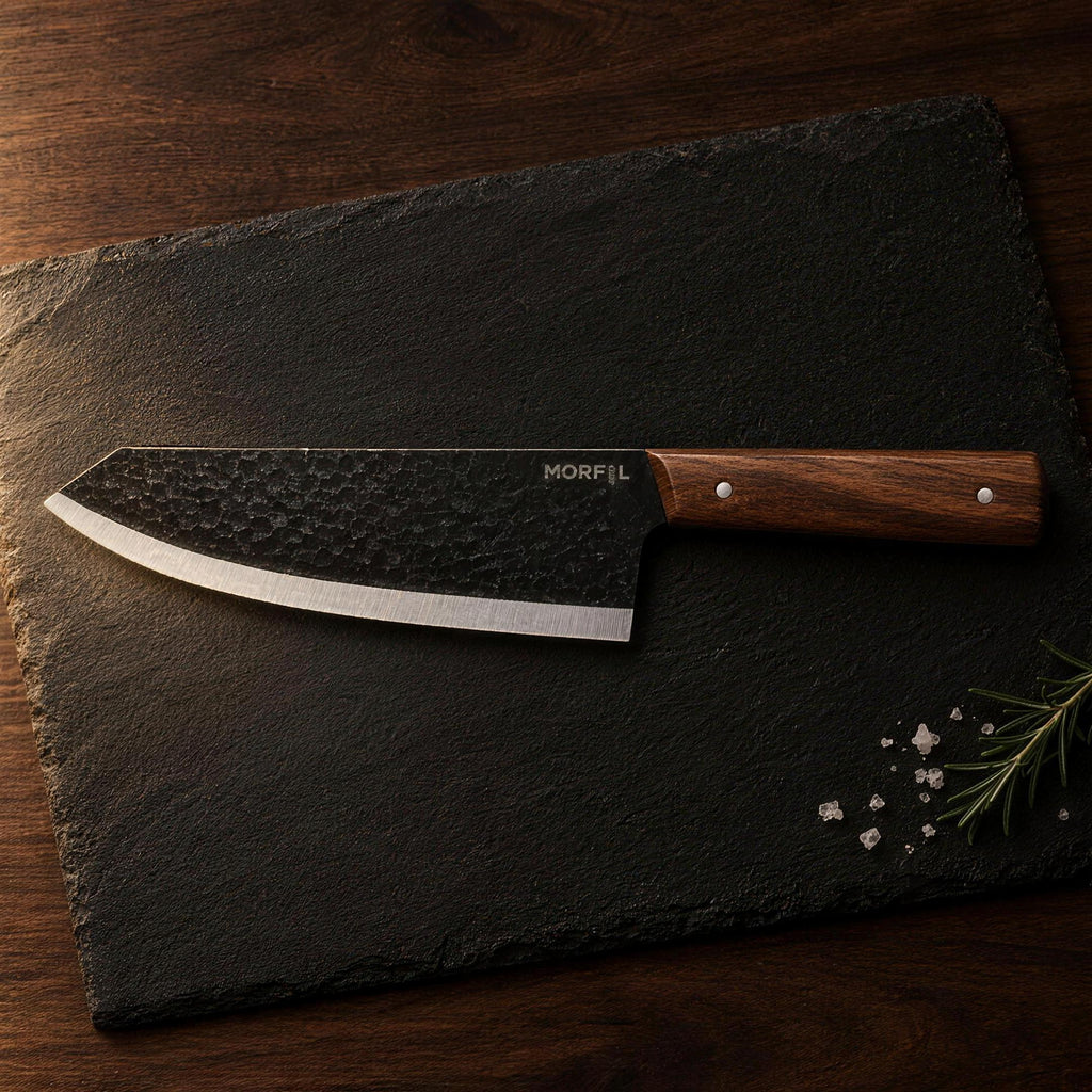 Couteau Braise posé sur une plaque d'ardoise, lame noire martelée et biseau satiné