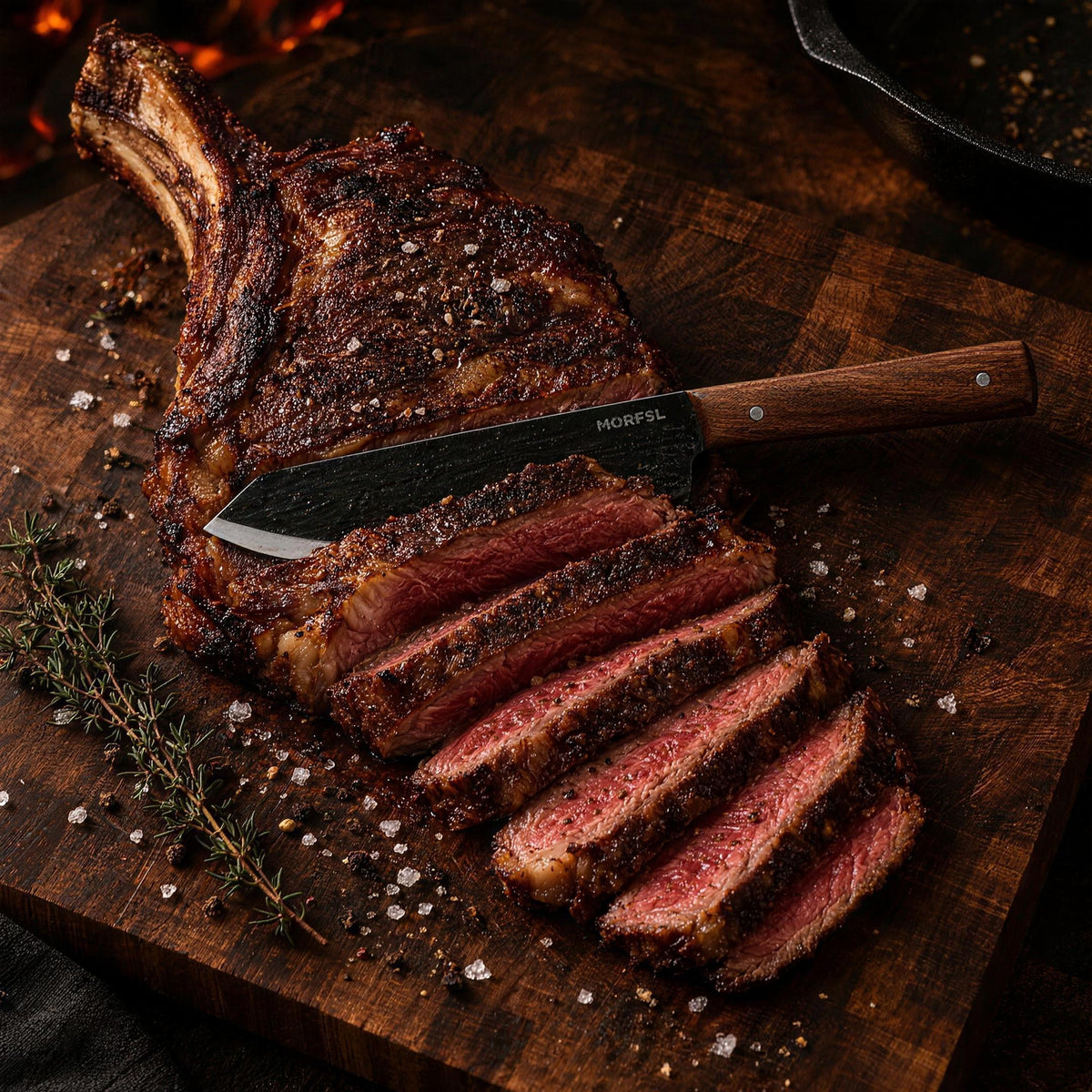 Couteau Braise tranchant une côte de bœuf cuite sur une planche en bois
