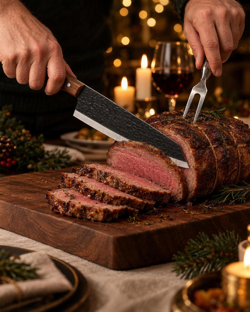 Mains découpant un rôti avec le couteau Braise sur une table de fête