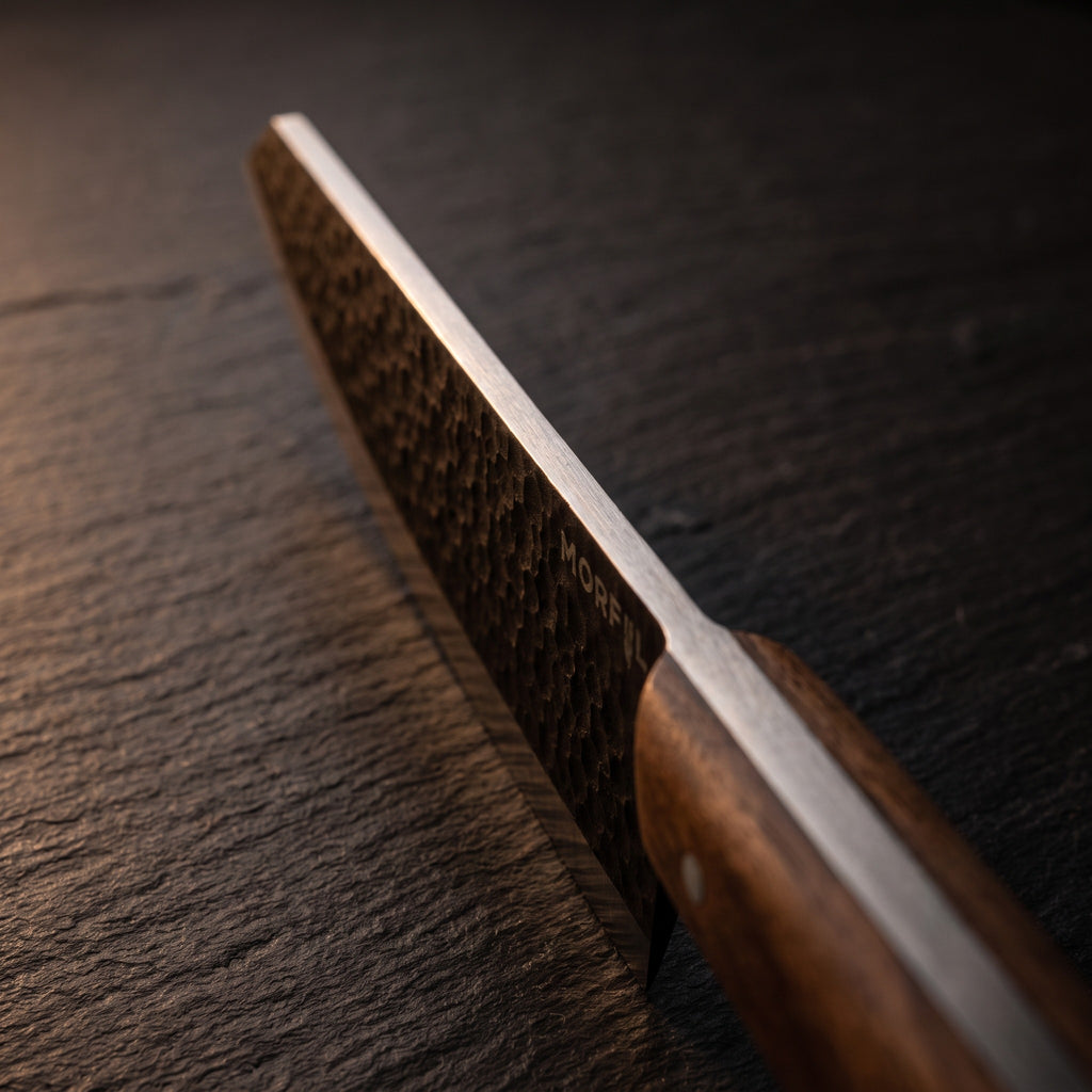 Dos de la lame du couteau Braise vu en enfilade sur une ardoise, logo Morfil gravé près du talon