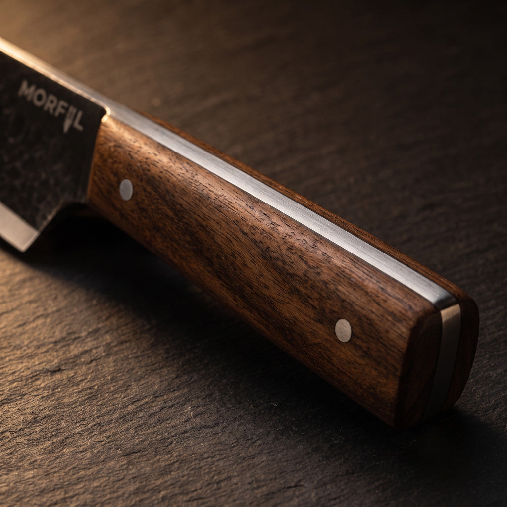 Manche en noyer du couteau Braise, deux rivets et soie pleine apparente