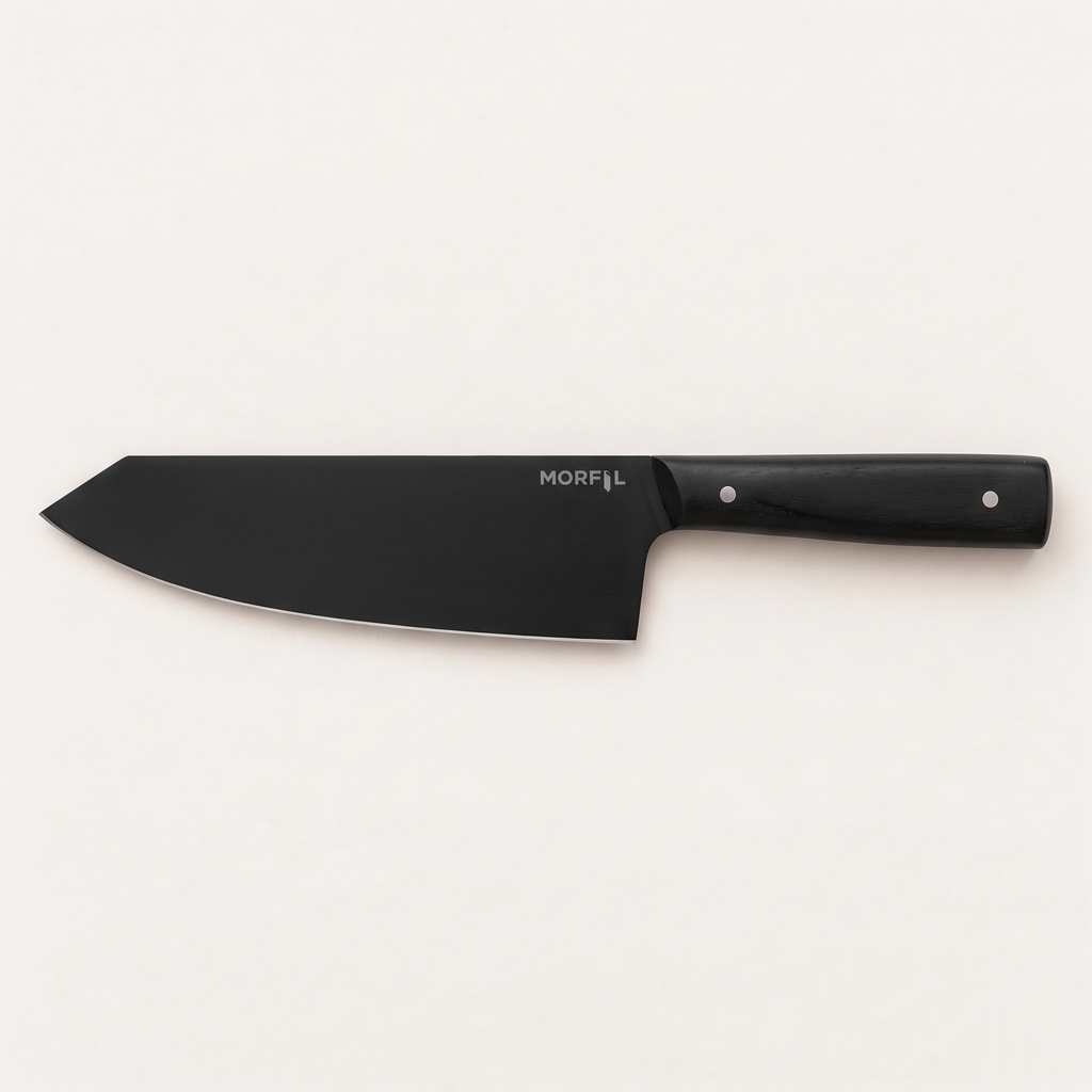 Couteau Charbon de Morfil vu de dessus sur fond clair : chef-couperet 18 cm à pointe coupée, lame lisse noire et manche noir