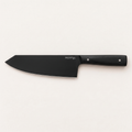Couteau Charbon de Morfil vu de dessus sur fond clair : chef-couperet 18 cm à pointe coupée, lame lisse noire et manche noir