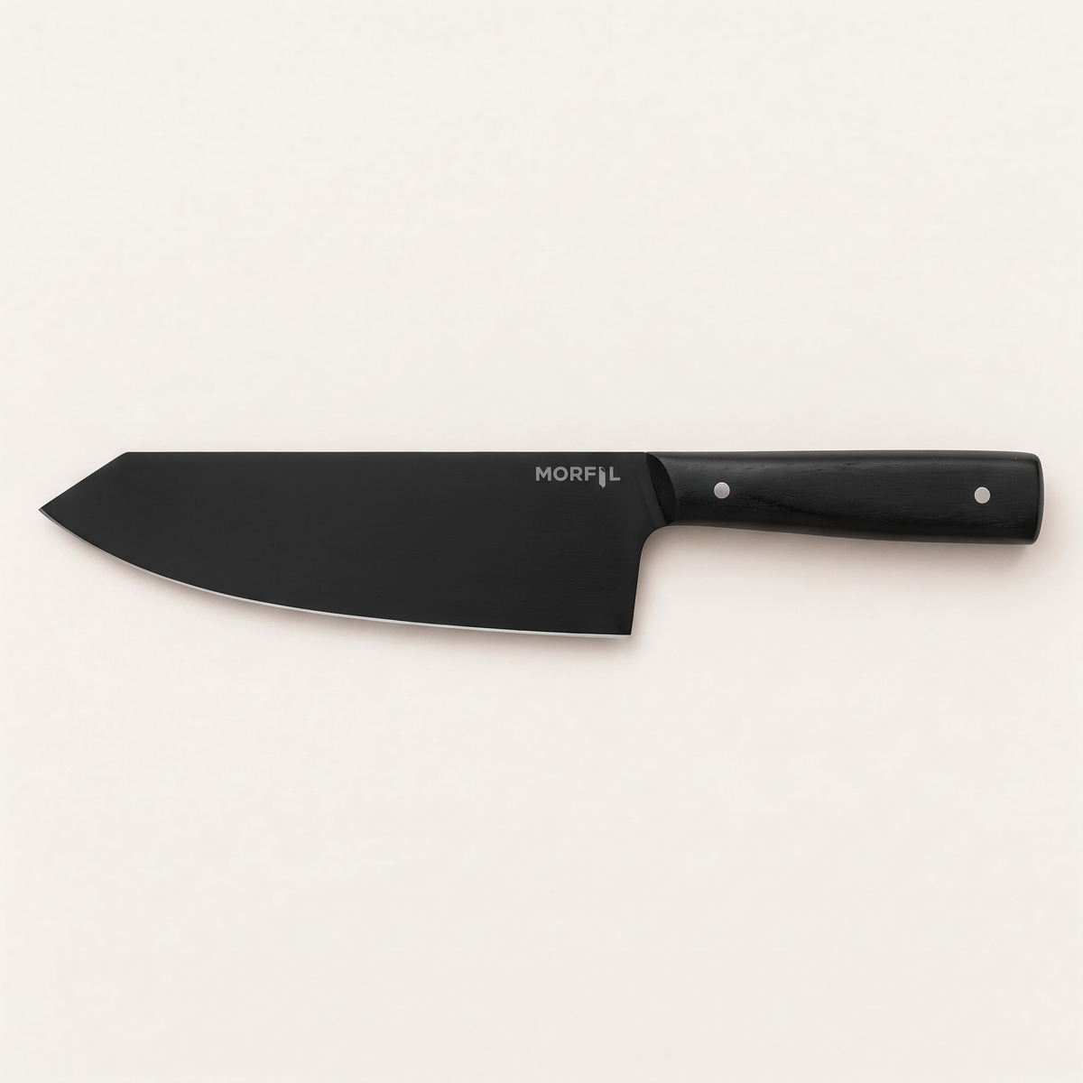 Couteau Charbon de Morfil vu de dessus sur fond clair : chef-couperet 18 cm à pointe coupée, lame lisse noire et manche noir