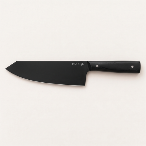 Couteau Charbon de Morfil vu de dessus sur fond clair : chef-couperet 18 cm à pointe coupée, lame lisse noire et manche noir