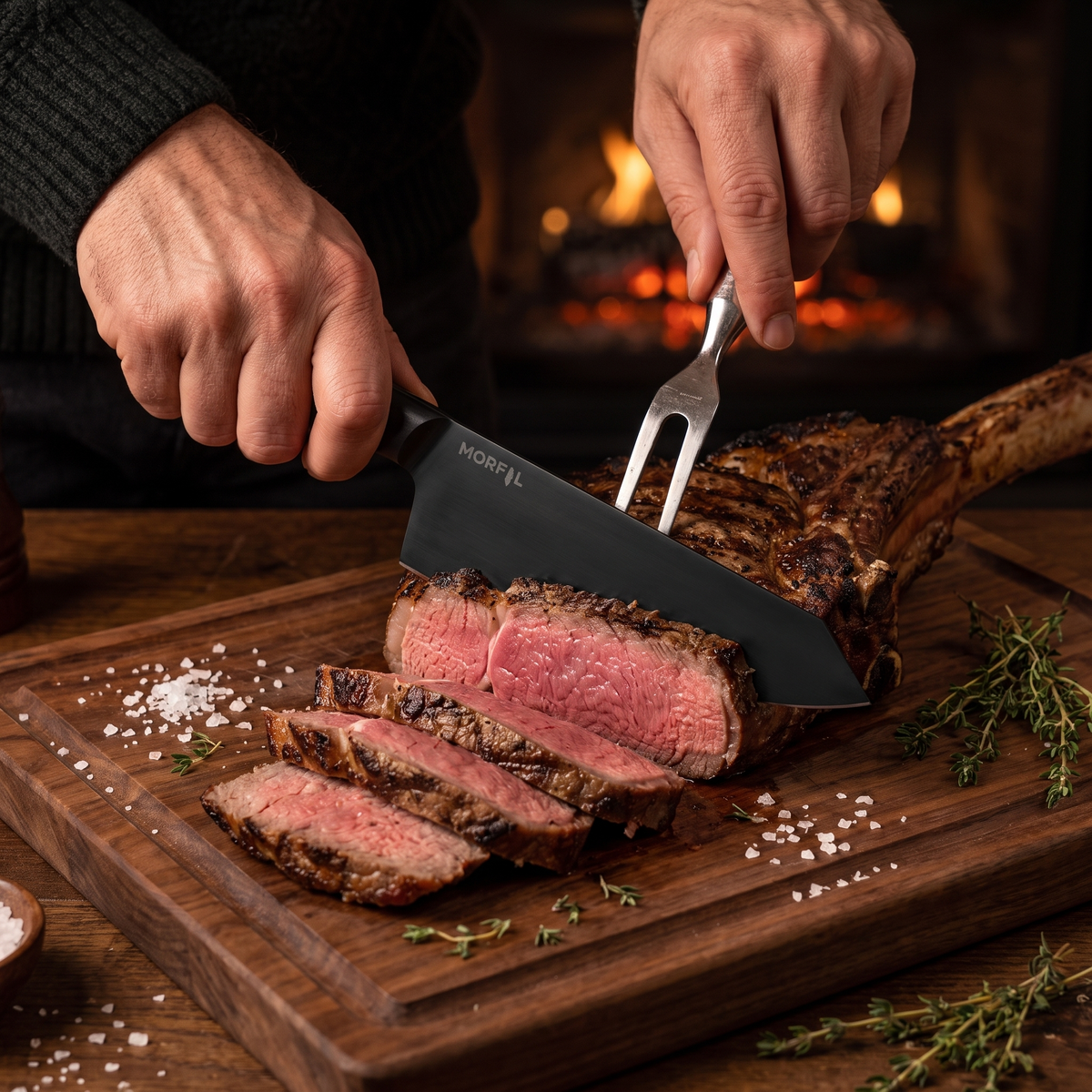 Mains découpant une côte de bœuf grillée avec le couteau Charbon sur une planche en bois, feu en arrière-plan