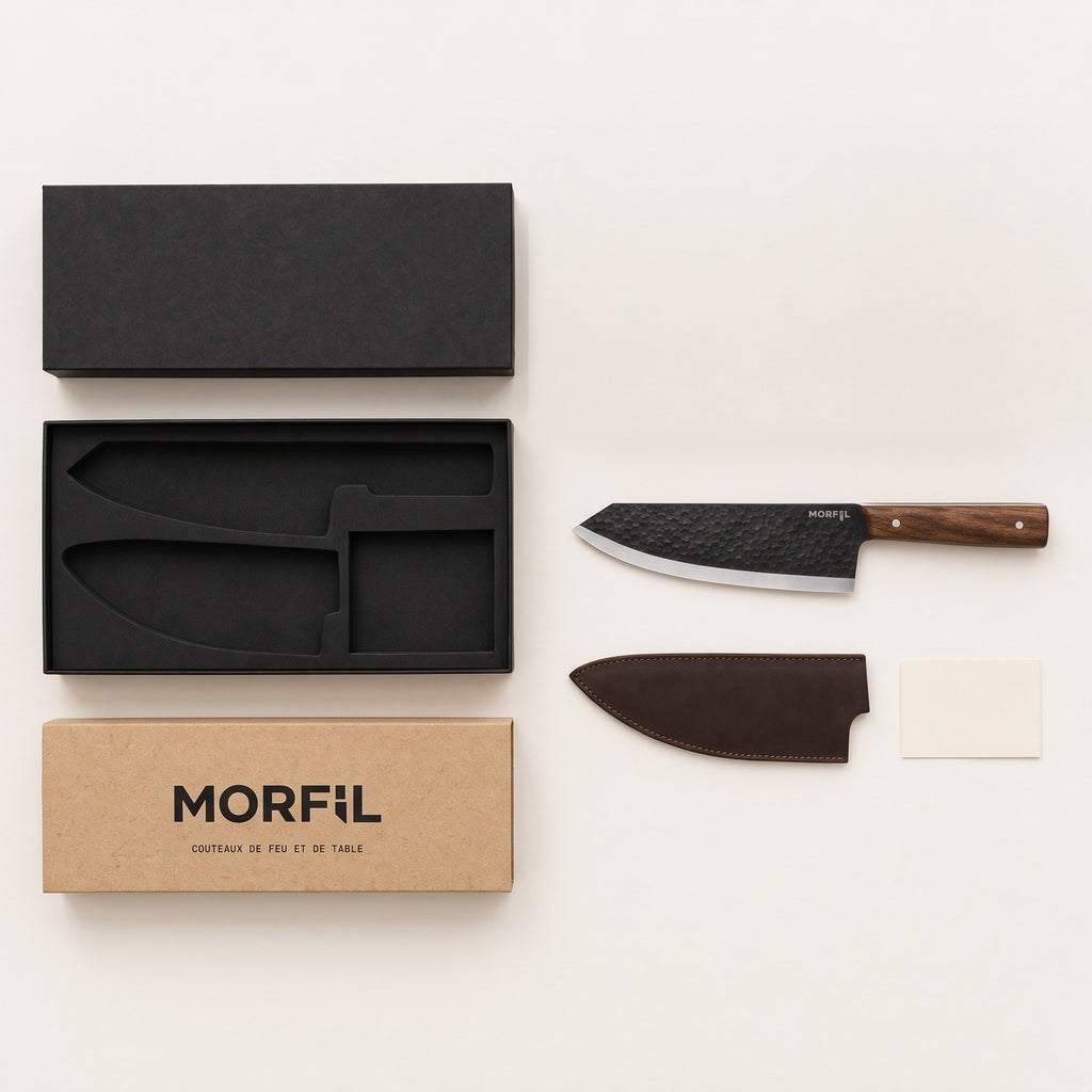 Contenu du Coffret Braise à plat : boîte noire et son calage en mousse, fourreau kraft MORFIL, couteau Braise, étui en cuir brun foncé et carte vierge