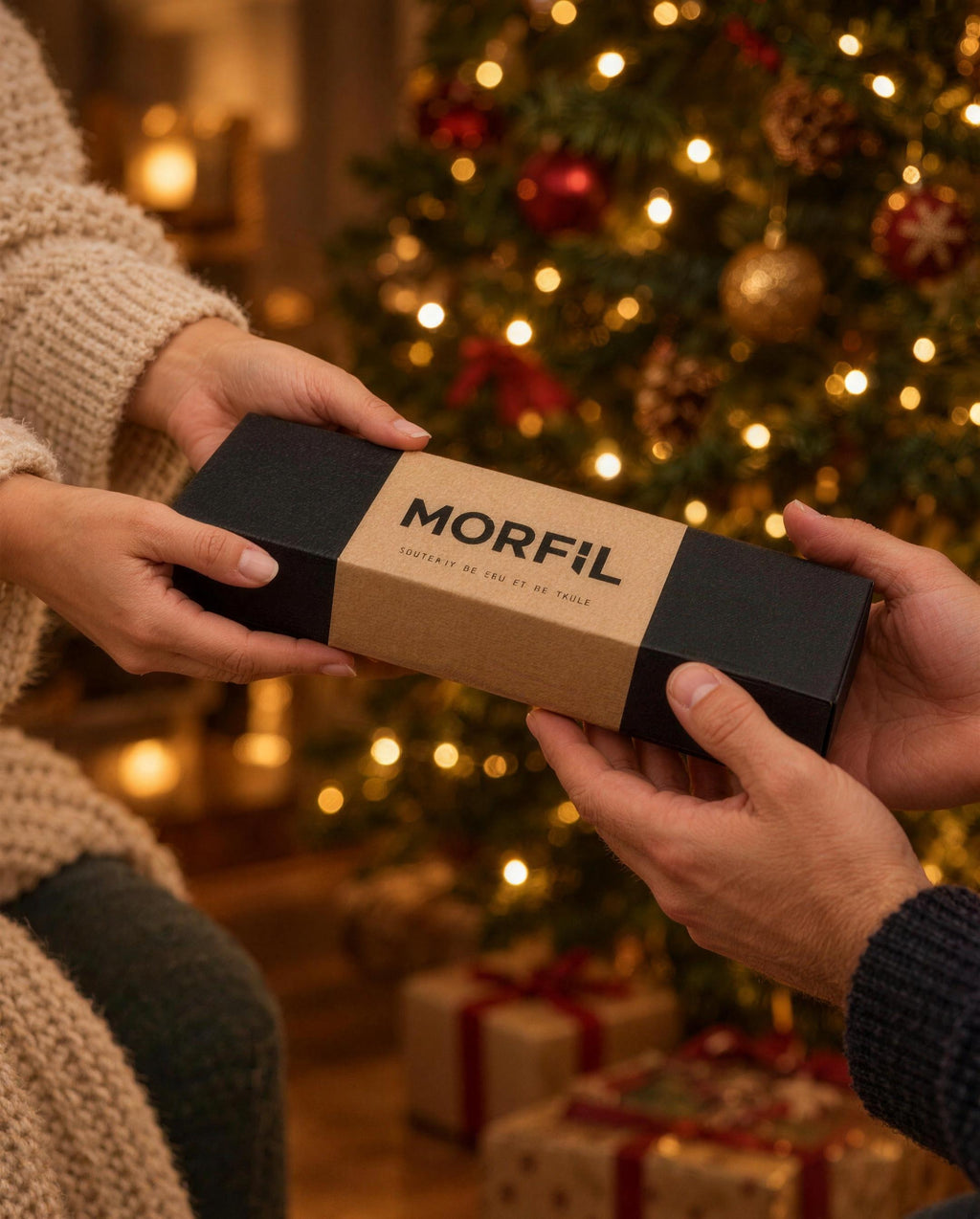 Mains tendant le Coffret Braise près d'un sapin de Noël