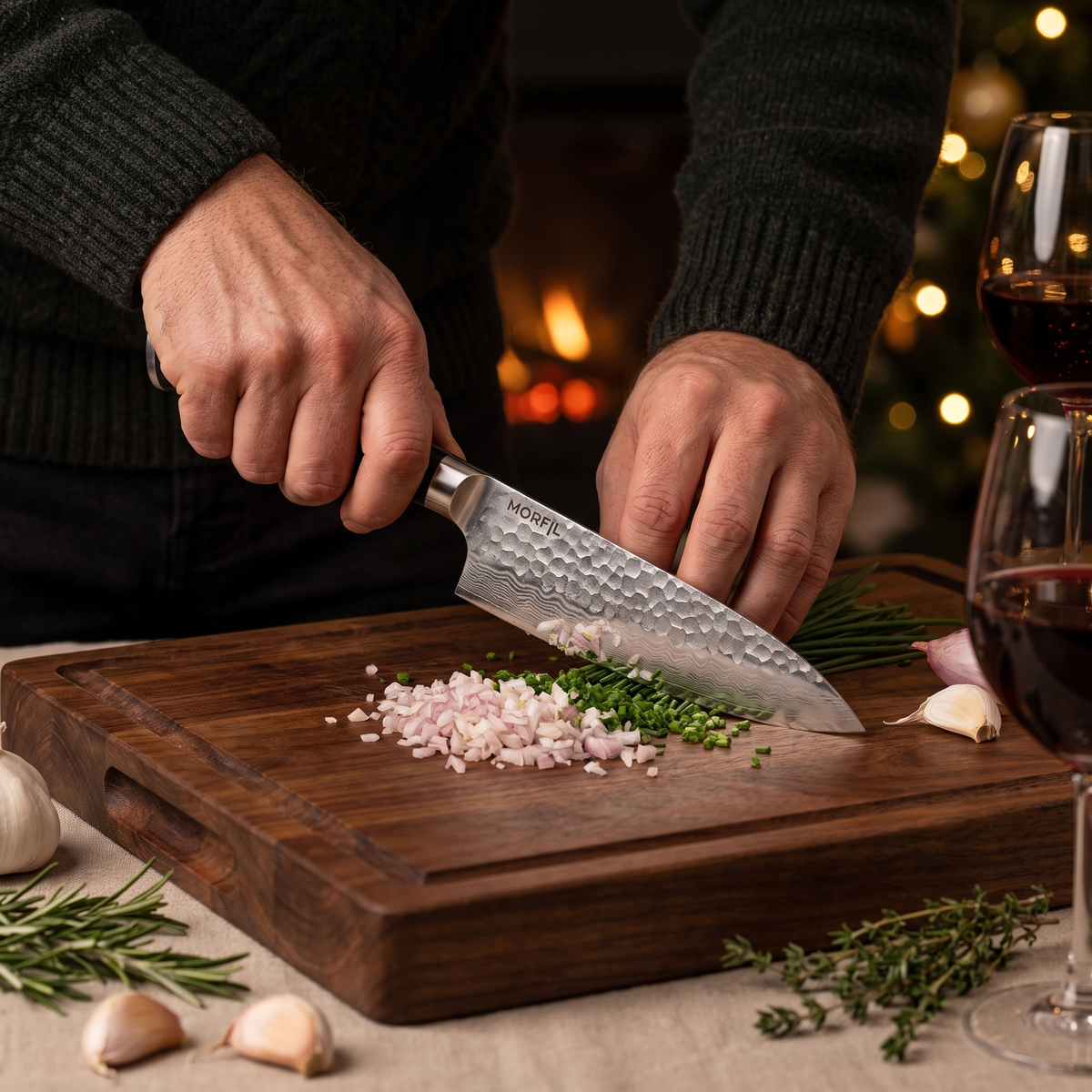 Mains ciselant des échalotes et de la ciboulette avec le couteau Étincelle sur une planche en bois