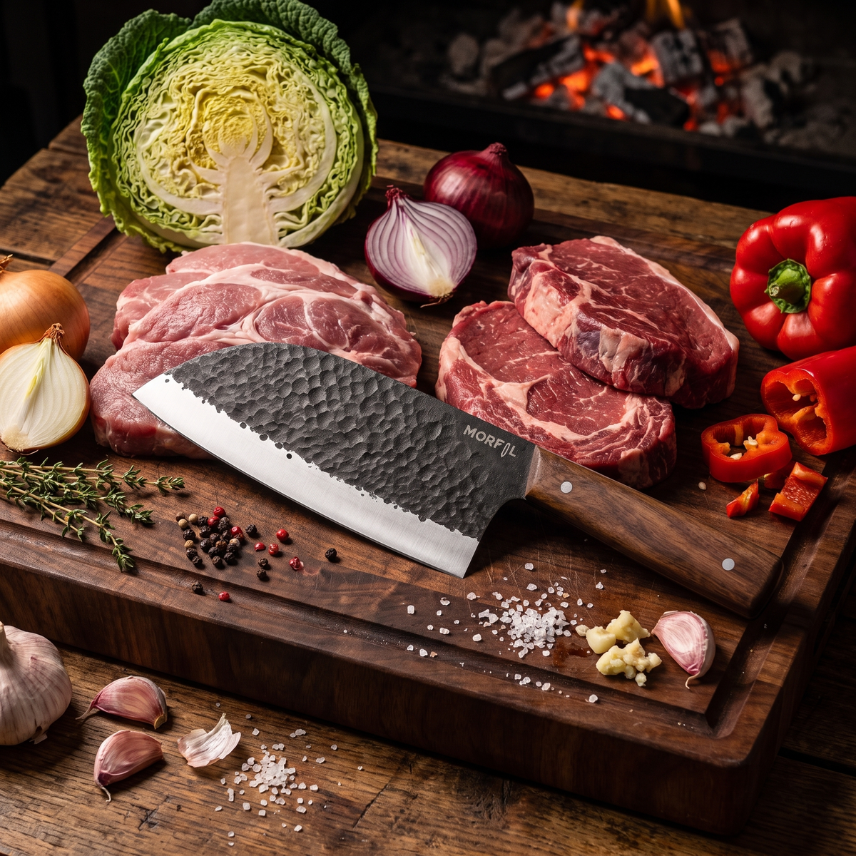 Couteau Fournaise sur une planche en bois avec des pièces de viande crues, un chou, des oignons et des poivrons, braises en arrière-plan