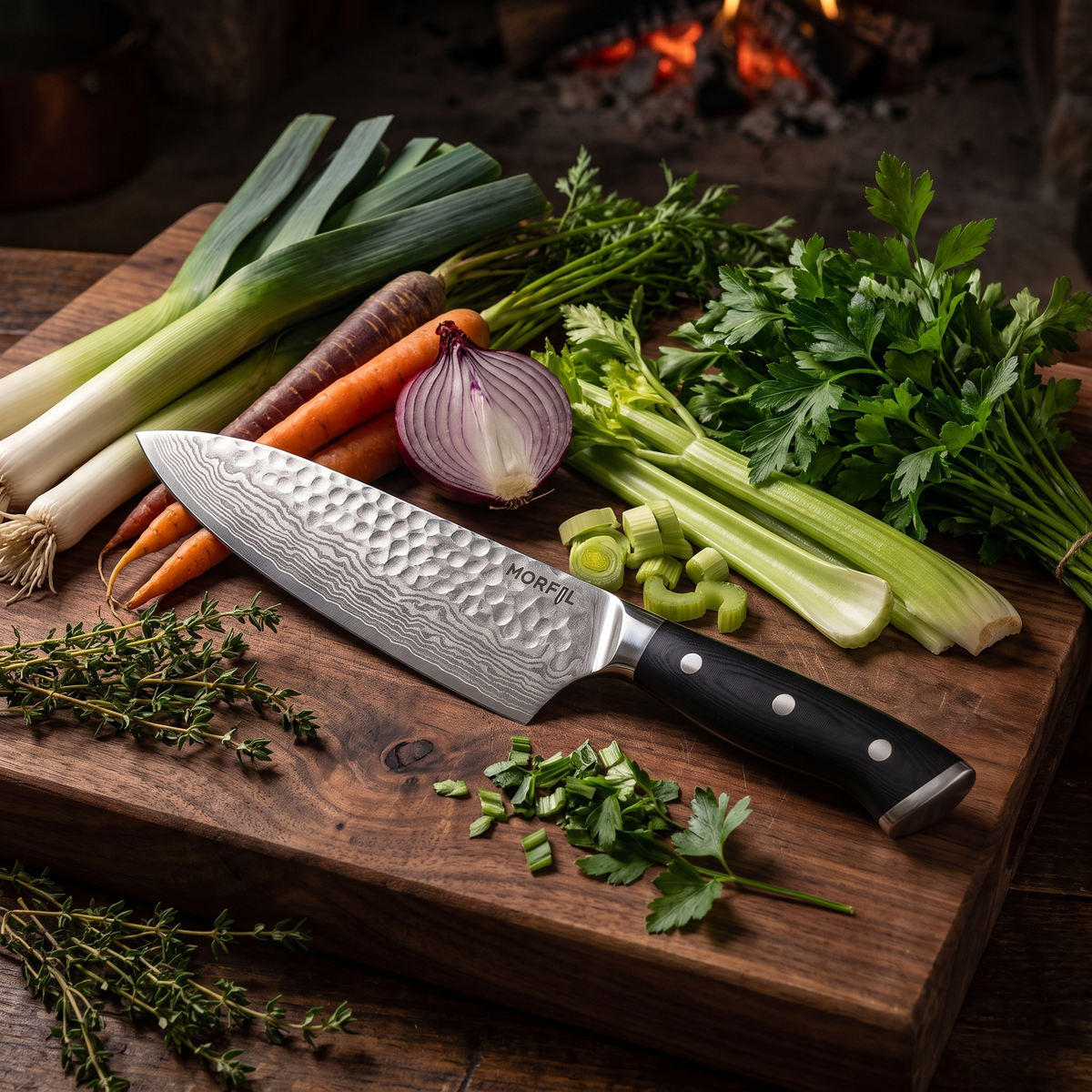 Couteau Foyer sur une planche en bois avec poireaux, carottes, céleri, oignon rouge et herbes, braises en arrière-plan