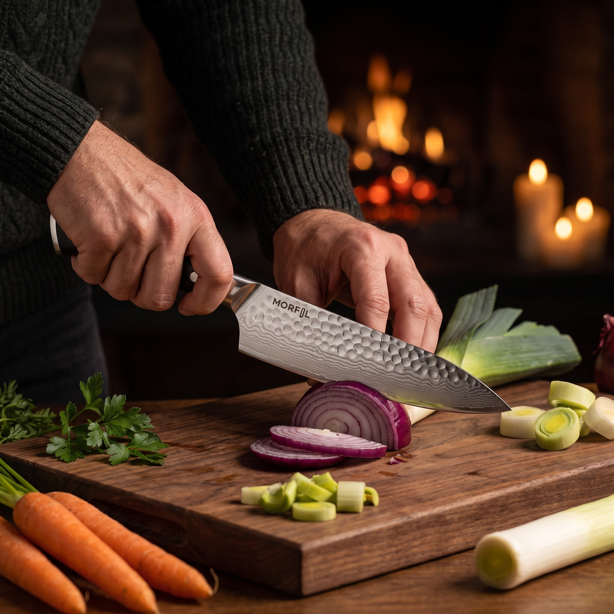 Mains éminçant un oignon rouge avec le couteau Foyer sur une planche en bois, poireaux et carottes autour
