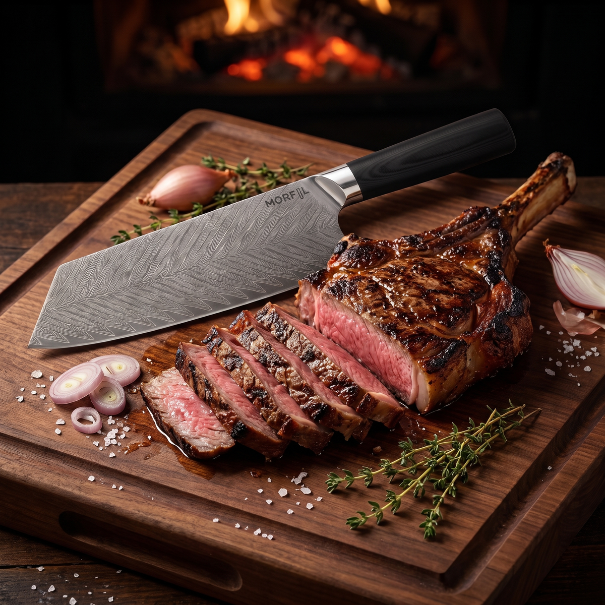 Couperet Fumée sur une planche en bois à côté d'une côte de bœuf grillée et tranchée, feu de cheminée en arrière-plan