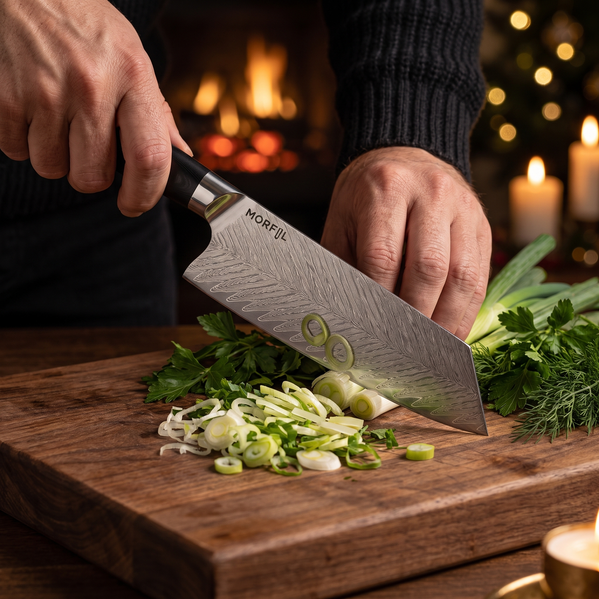 Mains éminçant des oignons nouveaux avec le couperet Fumée sur une planche en bois, herbes fraîches à côté