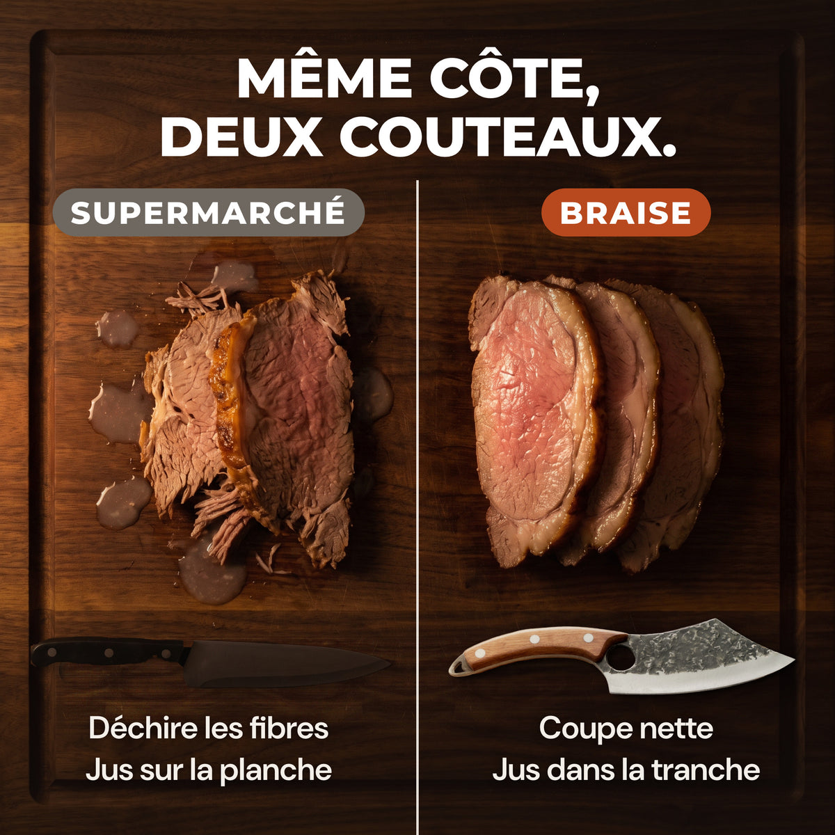 Même viande, deux couteaux : tranches déchirées et jus sur la planche avec un couteau de supermarché, tranches nettes avec Braise.