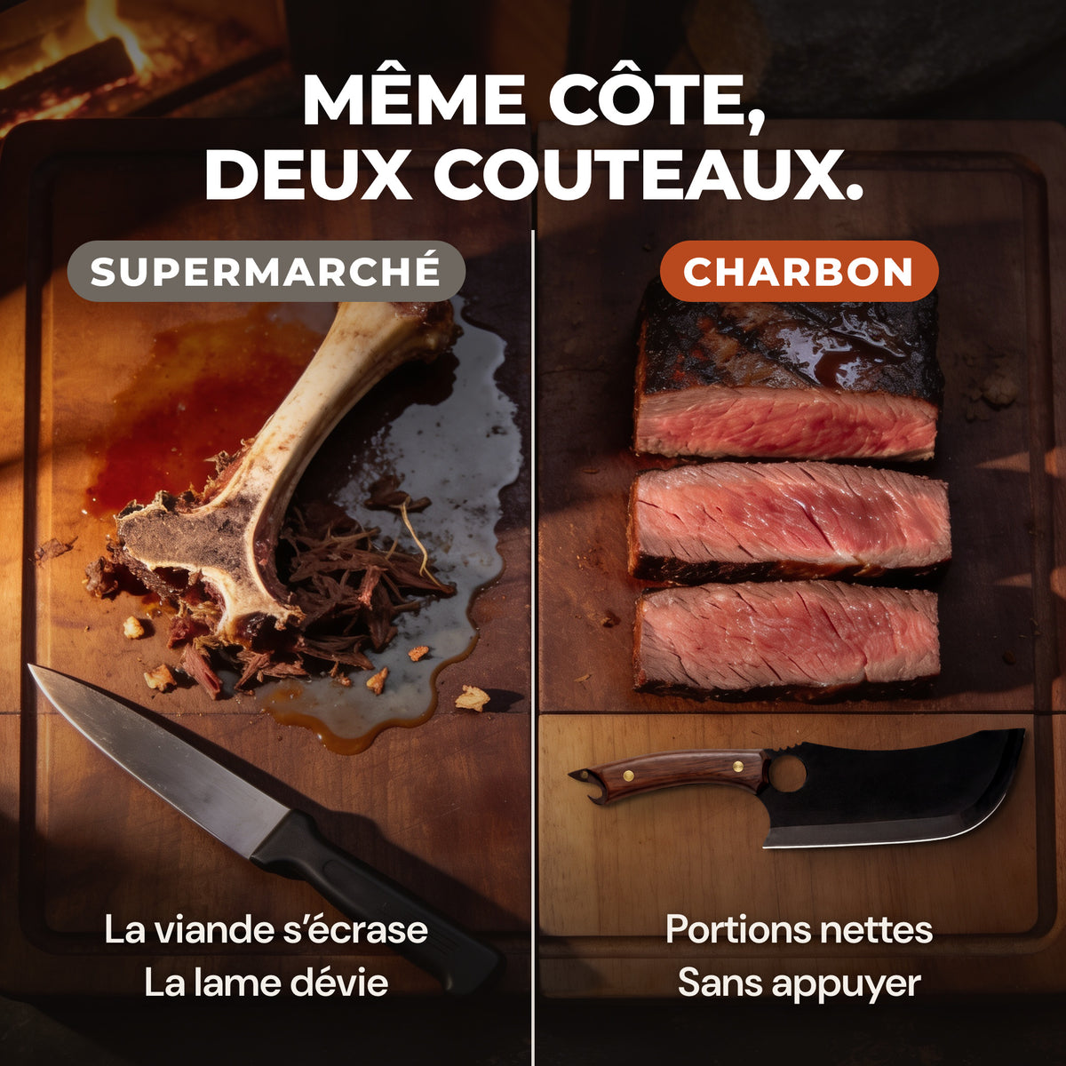 Même côte de bœuf, deux couteaux : viande écrasée et jus sur la planche avec un couteau de supermarché, portions nettes avec Charbon.