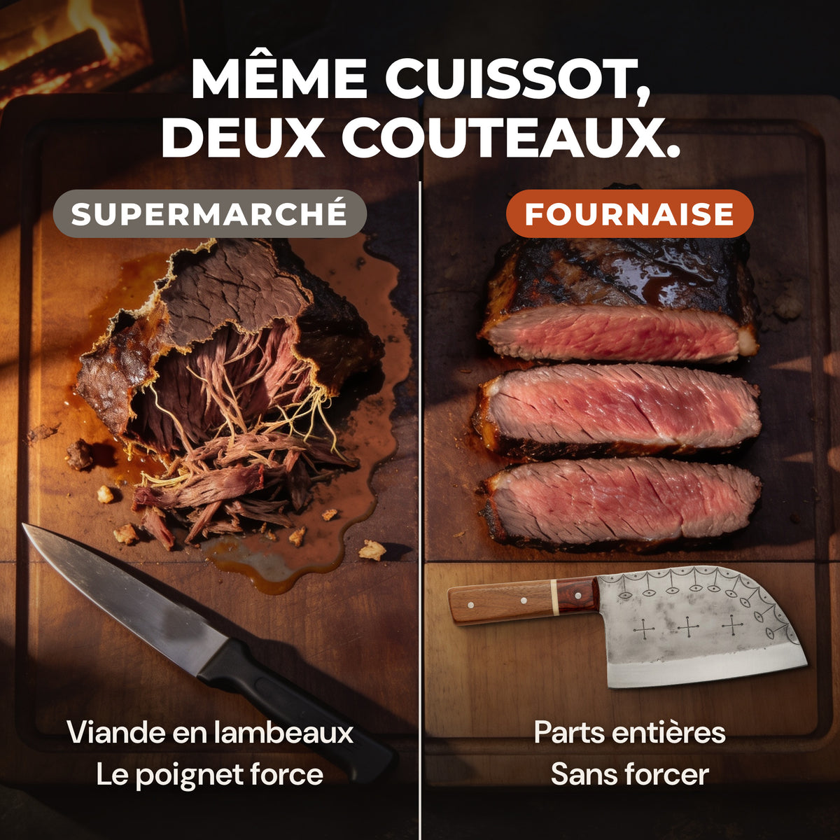 Même cuissot, deux couteaux : à gauche un couteau de supermarché et une viande en lambeaux, à droite le couteau Fournaise et des parts entières.