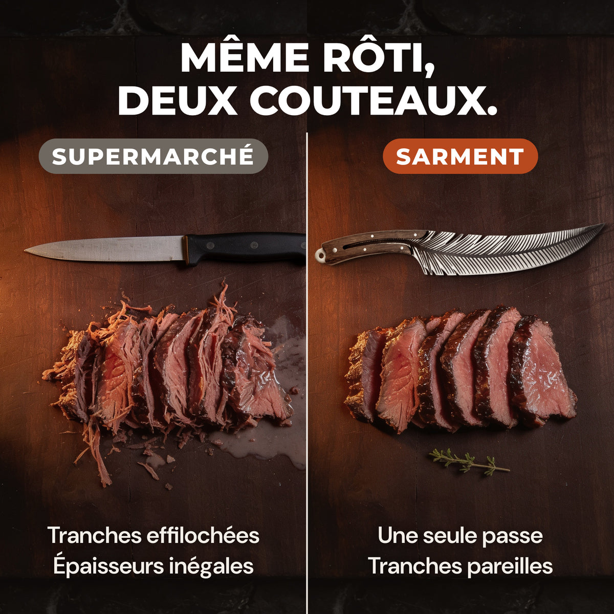 Même rôti coupé deux fois : tranches effilochées avec un couteau de supermarché, tranches nettes et régulières avec Sarment.