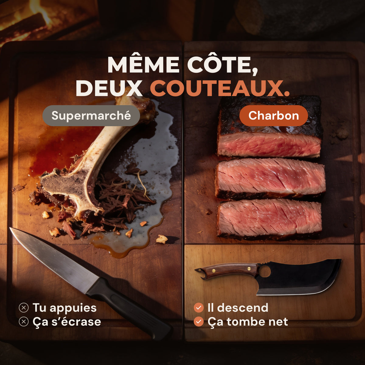 Même côte de bœuf, deux couteaux : écrasée avec un couteau de supermarché, en portions nettes avec Charbon