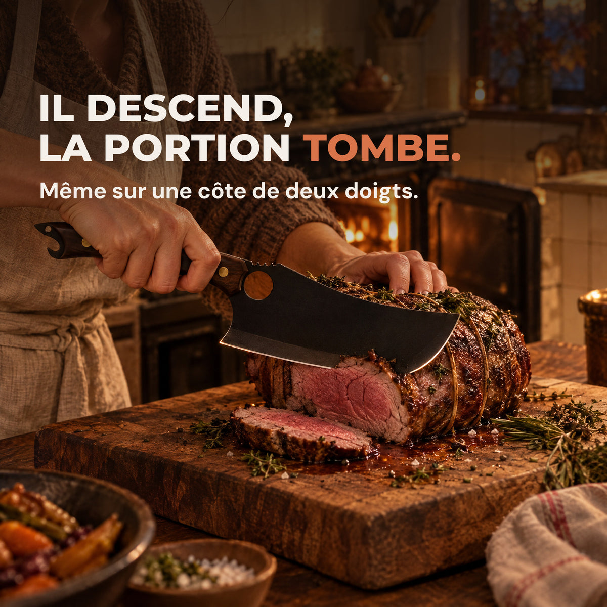 Une femme tranche un rôti de bœuf épais avec Charbon dans une cuisine de ferme, près du poêle à bois