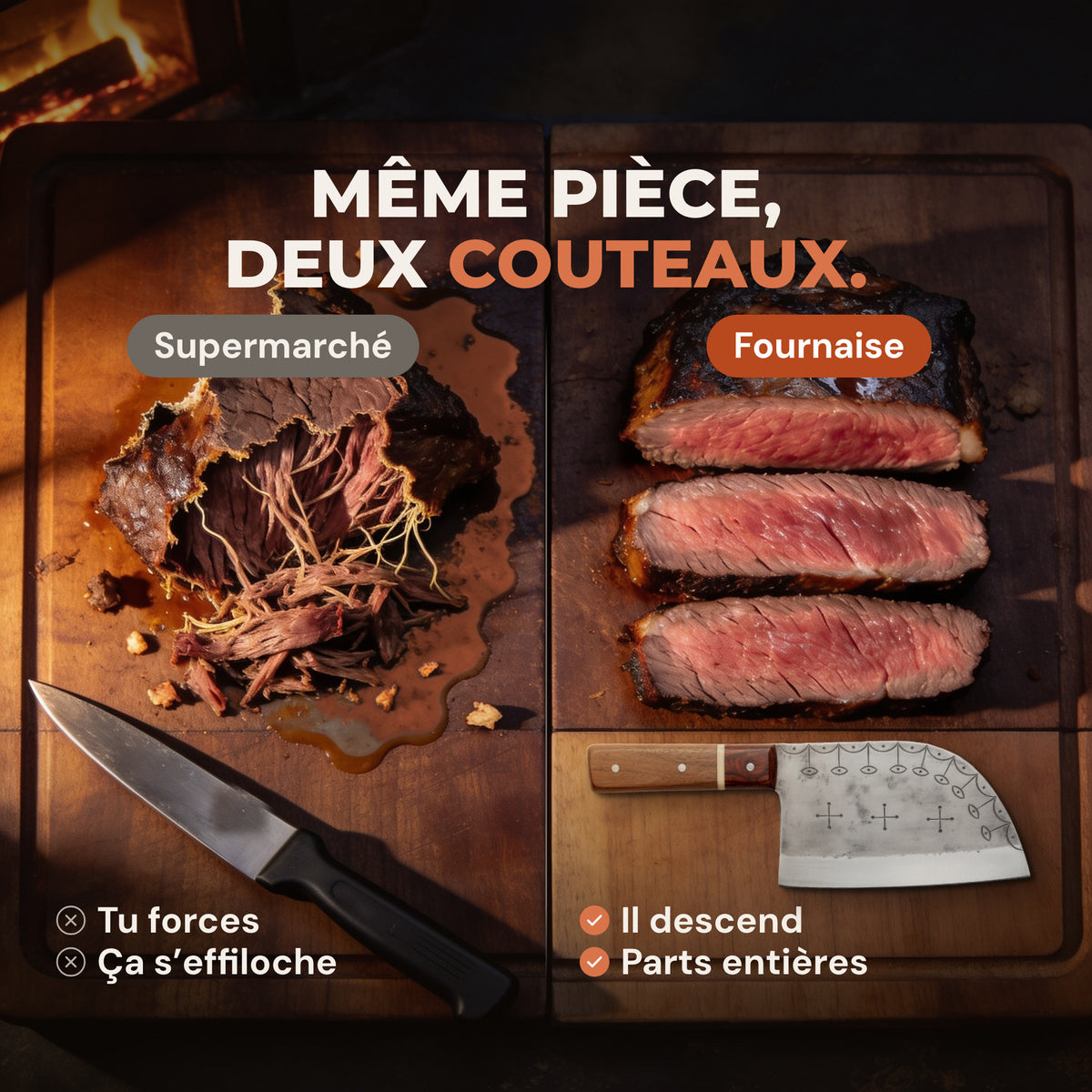 Même pièce de viande, deux couteaux : effilochée avec un couteau de supermarché, en parts entières avec Fournaise