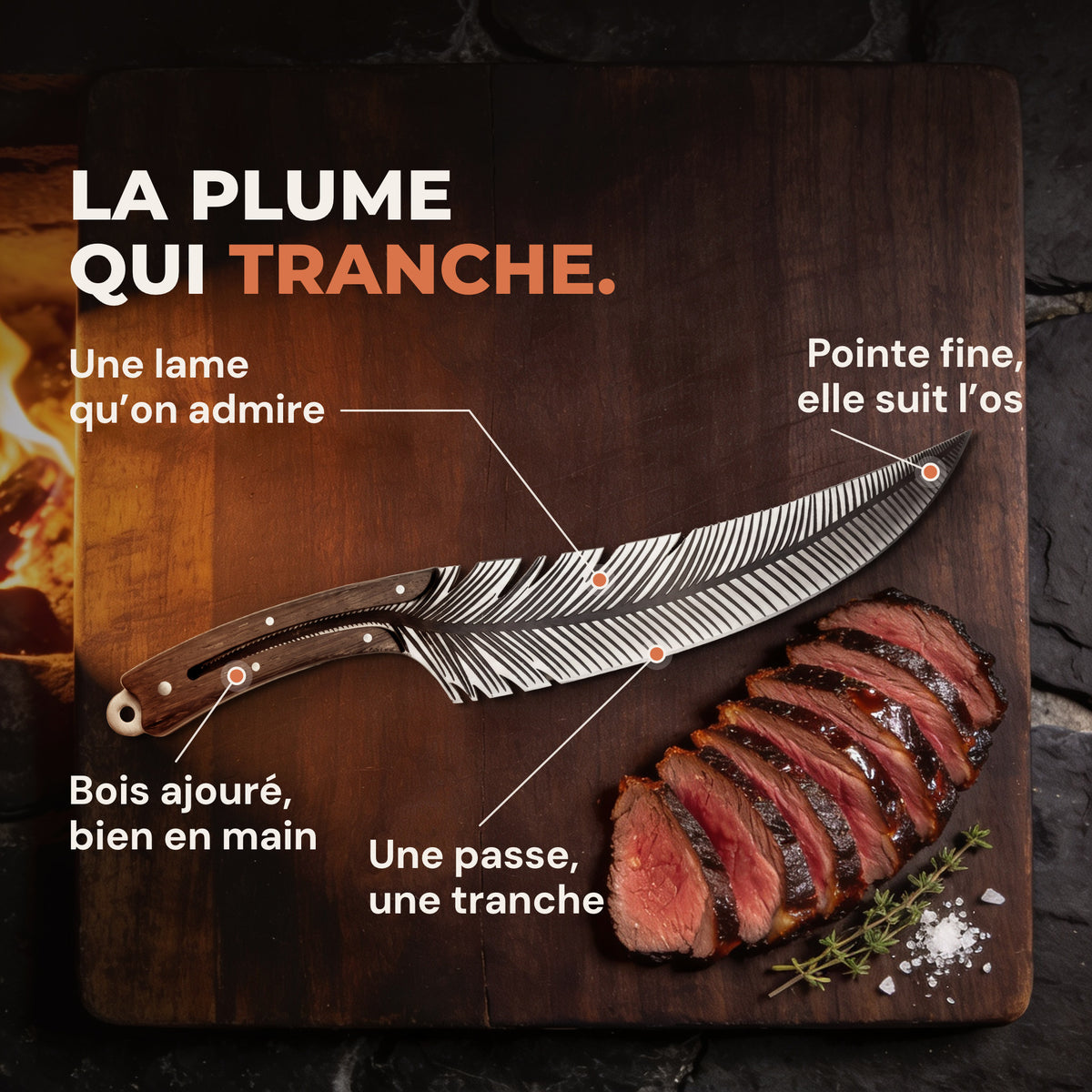 Sarment posé sur une planche sombre près du feu, à côté de tranches fines de rôti de bœuf