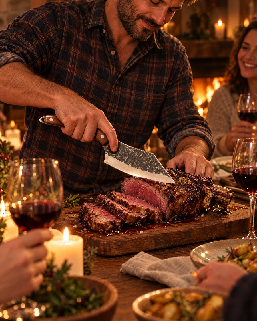 Affiche de la vidéo : un homme découpe une côte de bœuf avec Braise, à une table d’hiver en famille