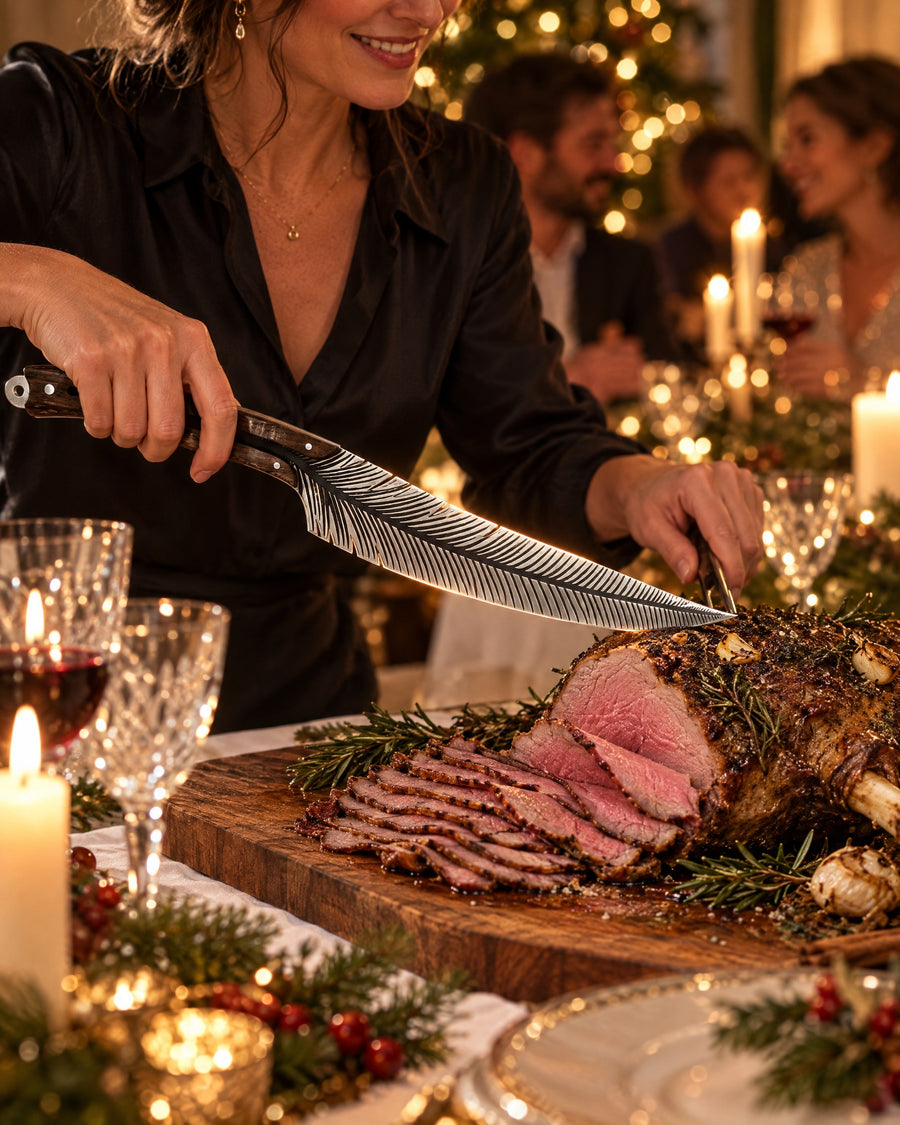 Affiche de la vidéo : une femme tranche finement un gigot avec Sarment, à une table de Noël
