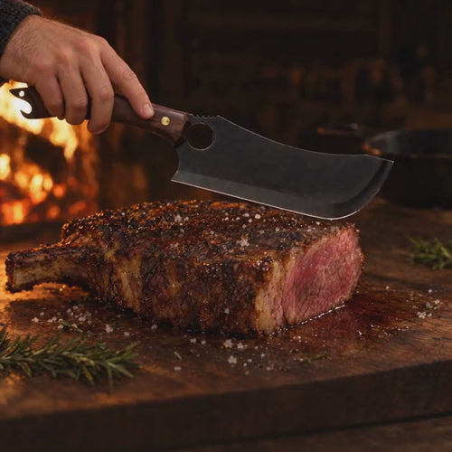 Vidéo muette : Charbon descend dans une côte de bœuf. Sans appuyer, le poids coupe, des portions nettes