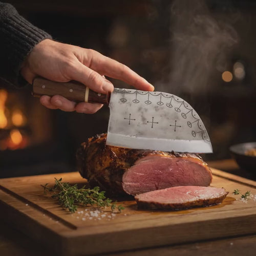 Vidéo muette : Fournaise tranche un rôti de bœuf. Tu ne pousses pas, tu laisses descendre, il ramasse, il sert