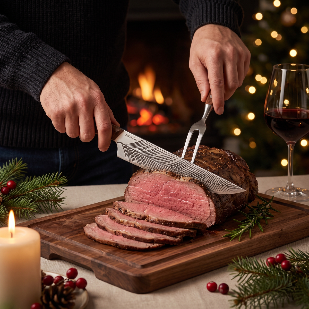 Mains tranchant un rôti de bœuf avec le couteau Sarment sur une table de fêtes, sapin et bougies en arrière-plan